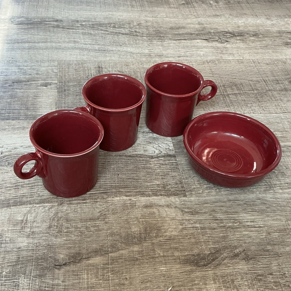 Homer Laughlin Fiesta ring handle mugs and a bowl discontinued Cinnabar